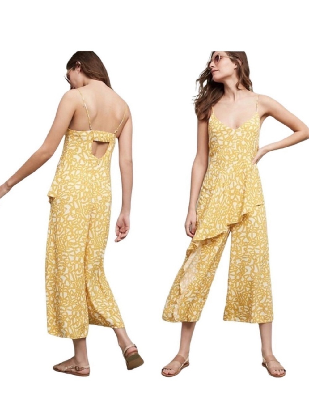 Maeve Anthropologie | Goldenrod Brittany Ruffle Jumpsuit Printed Yellow Size 4